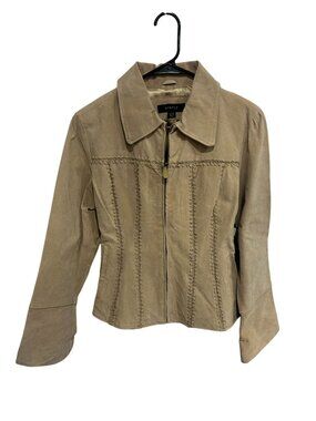 Static Medium Beige Zip-Up Jacket Embroidered Stitching Lightweight Minimalist